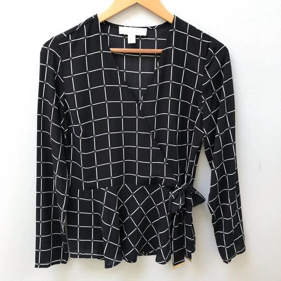 Michael Kors Black & White Windowpane Crossover Long Sleeve Wrap Blouse Women XS - Picture 1 of 10